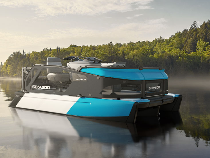 Blue Sea-Doo SWITCH Pontoon boat floating