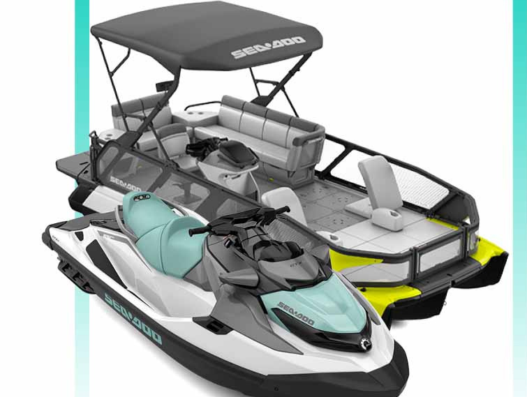 Blue Sea-Doo Switch pontoon boat floating