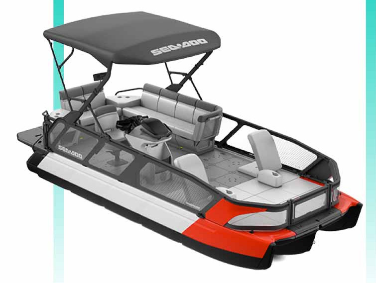 Group of Sea-Doo Switch pontoon boats crusing the waterways