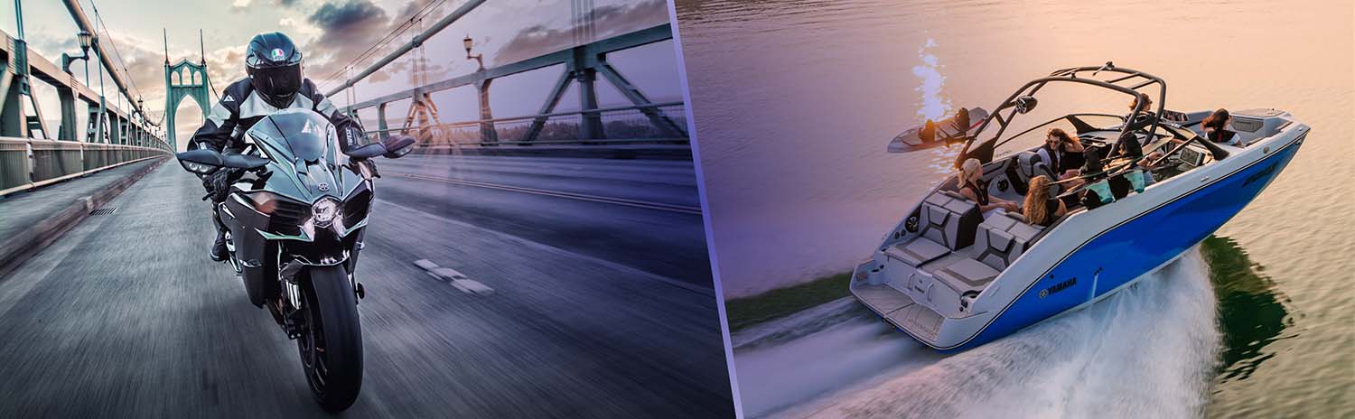 Kawasaki Ninja Motorcycle racing down bridge and Scarab Boat coasting in the ocean