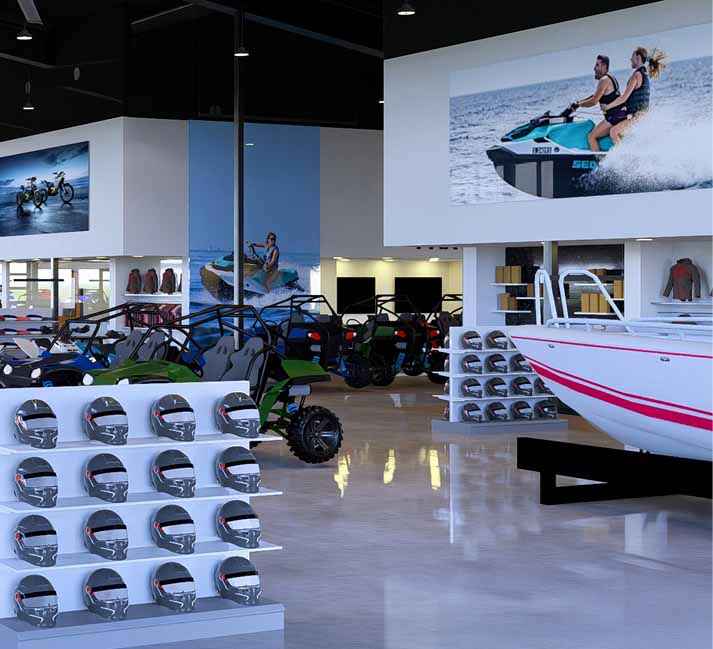Helmets, Can-Am and boats in showroom