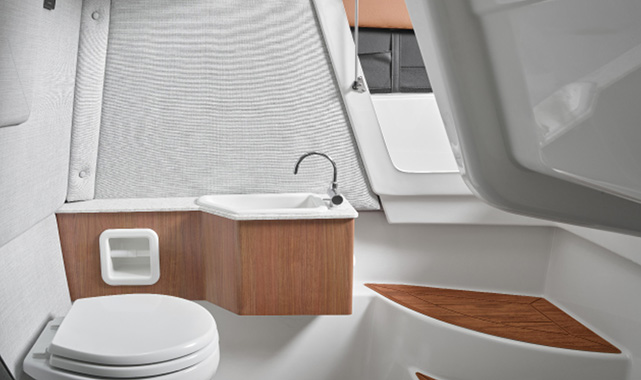 Enclosed cabin Interior of the enclosed cabin with a white marine toilet, wood-paneled sink, and light gray privacy wall inside the 295 Series.