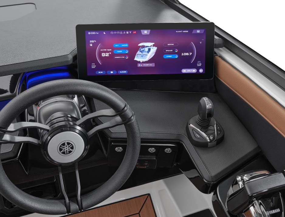Yamaha 295 Series helm featuring a modern touchscreen display, joystick control, and premium steering wheel for intuitive navigation.