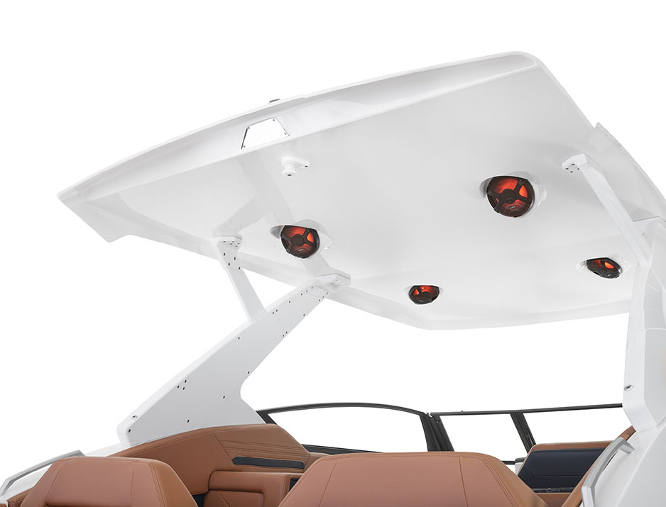 Overhead view of the Yamaha 295 Series boat’s white hardtop canopy with integrated red LED-lit tower speakers for enhanced onboard audio.